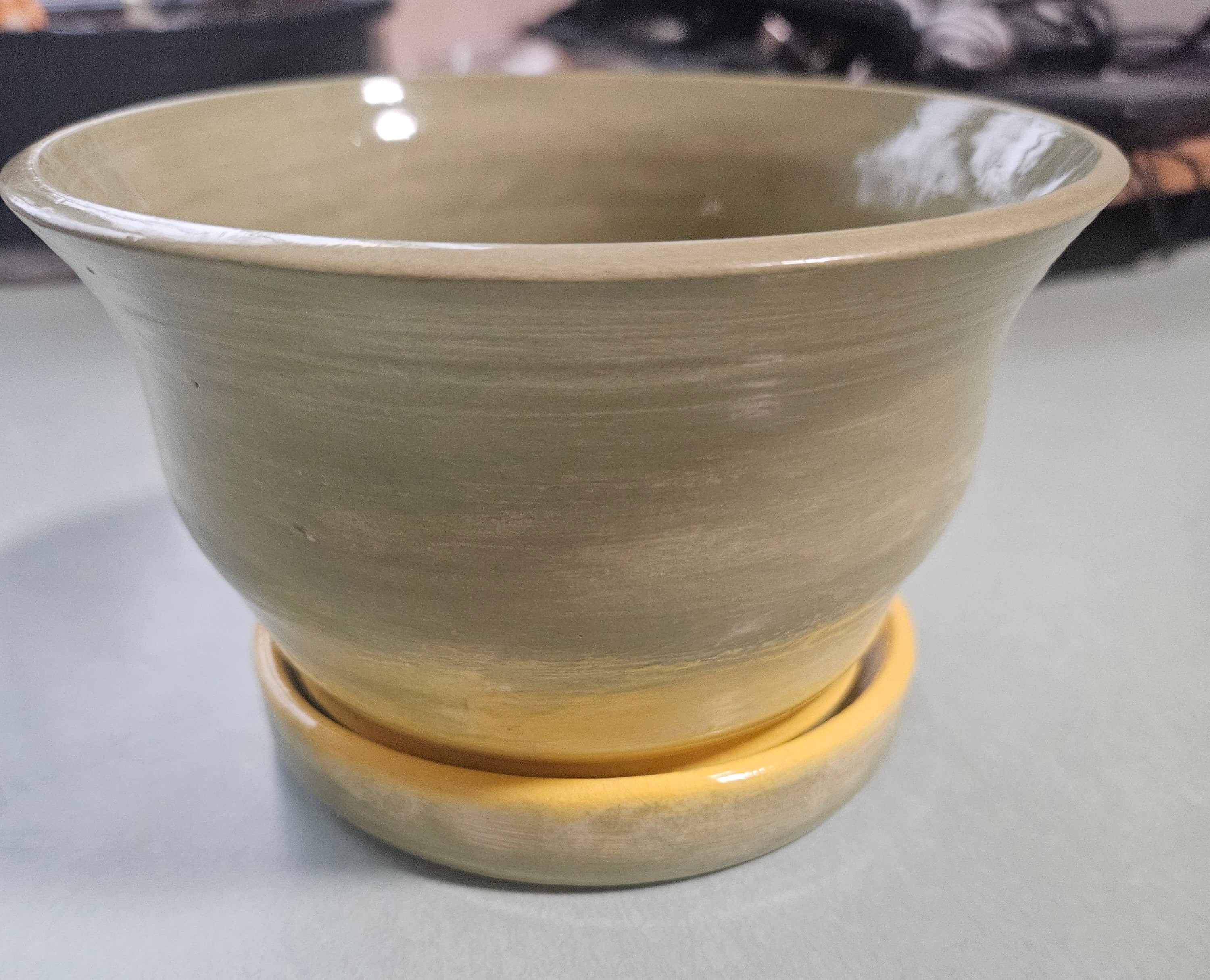 Wheel-Thrown Stoneware Flower Pot – Sage Green & Yellow Glaze
