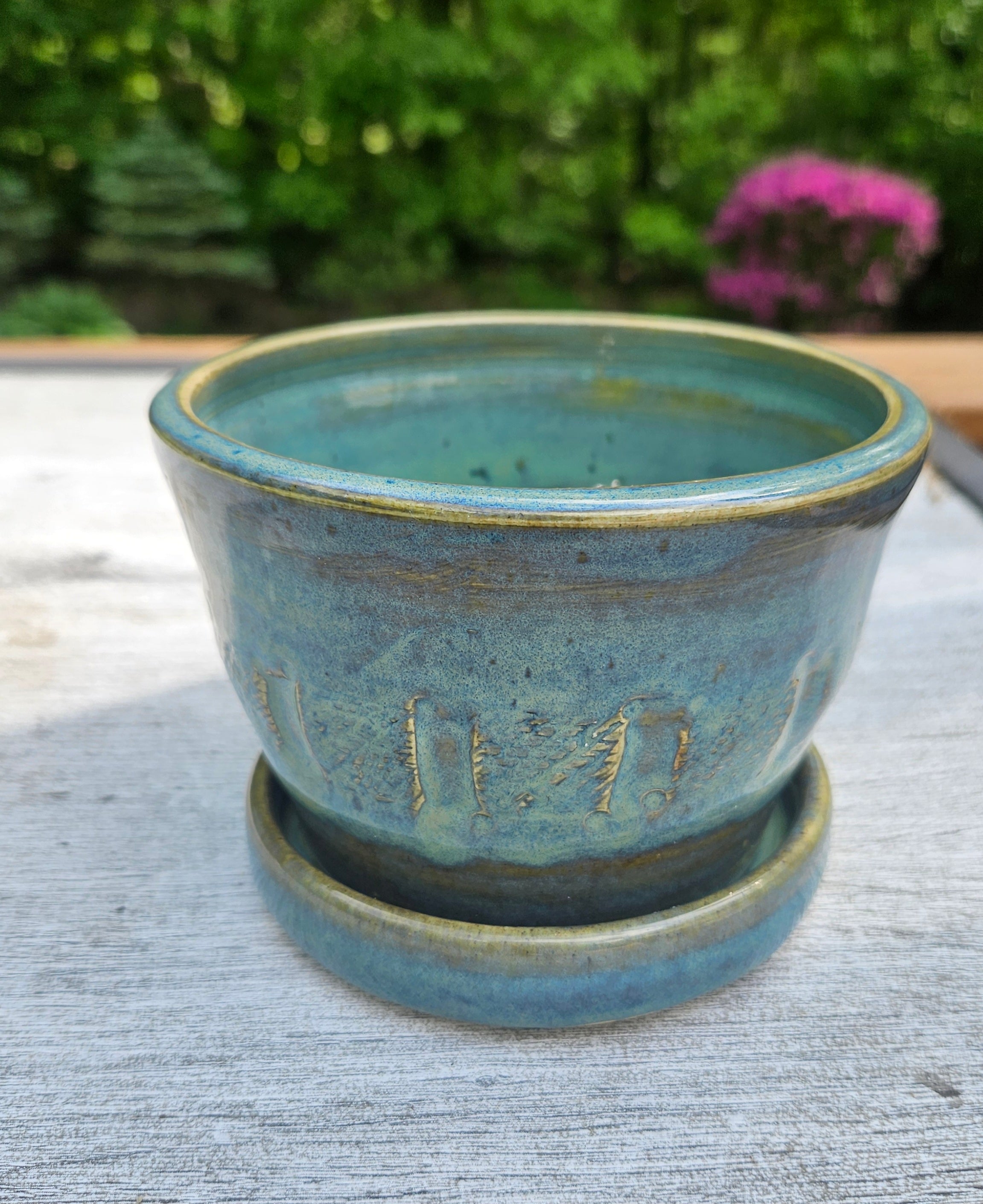 Wheel-Thrown Stoneware Small Flower Pot – Blue-Green Mid-Fire Glaze