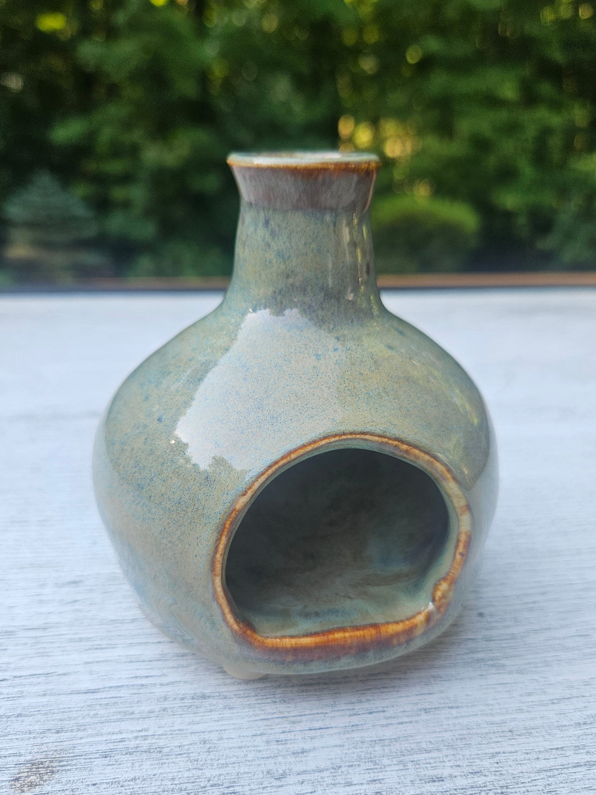 Handthrown Stoneware Mini Chiminea — Sage Green Glaze