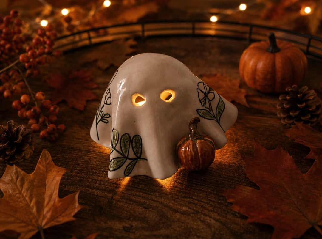Botanical Tea Light Ghost – Pumpkin Companion